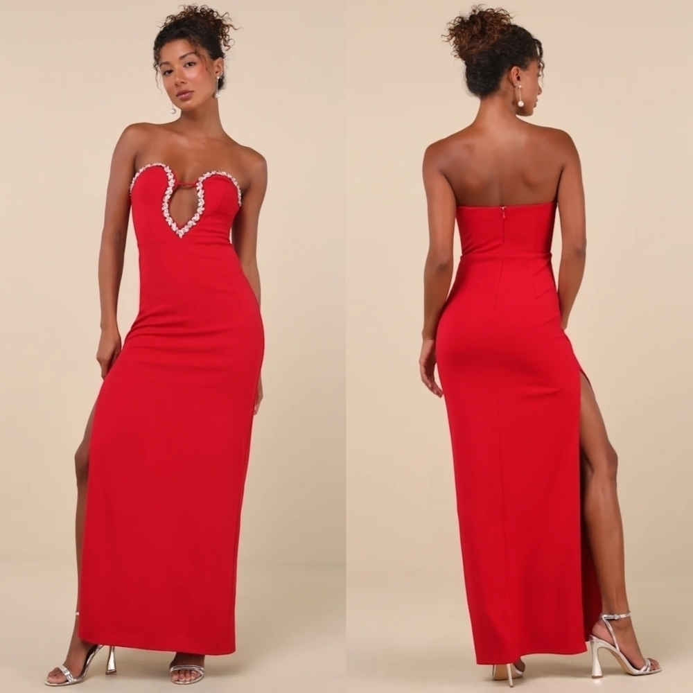 Lulus Sensational Luxury Red Rhinestone Cutout Strapless Maxi Dress Wedding
